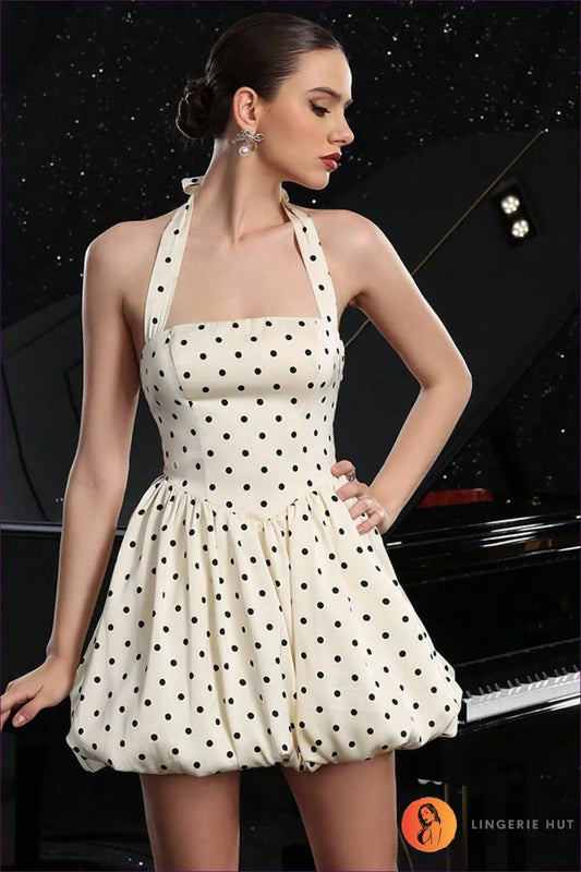 Polka Dot Halter Mini Dress with Bubble Hem - Retro Party Style - Xs / Beige - Dresses - Lingerie Hut - A-line