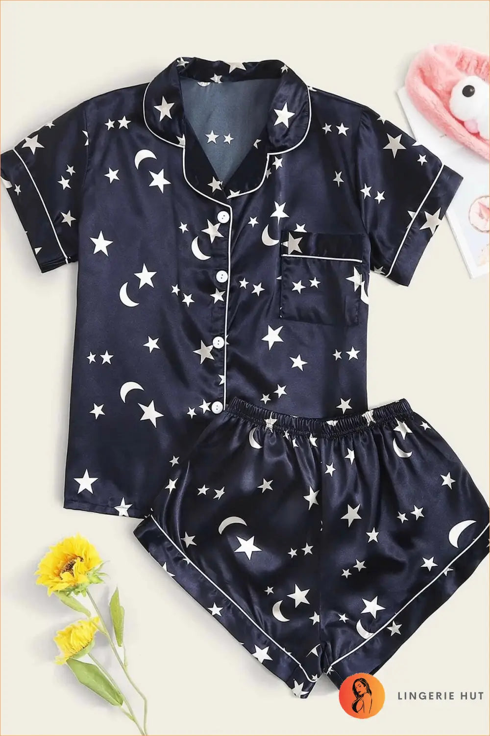Polyester Pyjama Set with Shorts - Luxe Nights in - s / Blue1 - Button Front • Everyday • Loungewear • Night