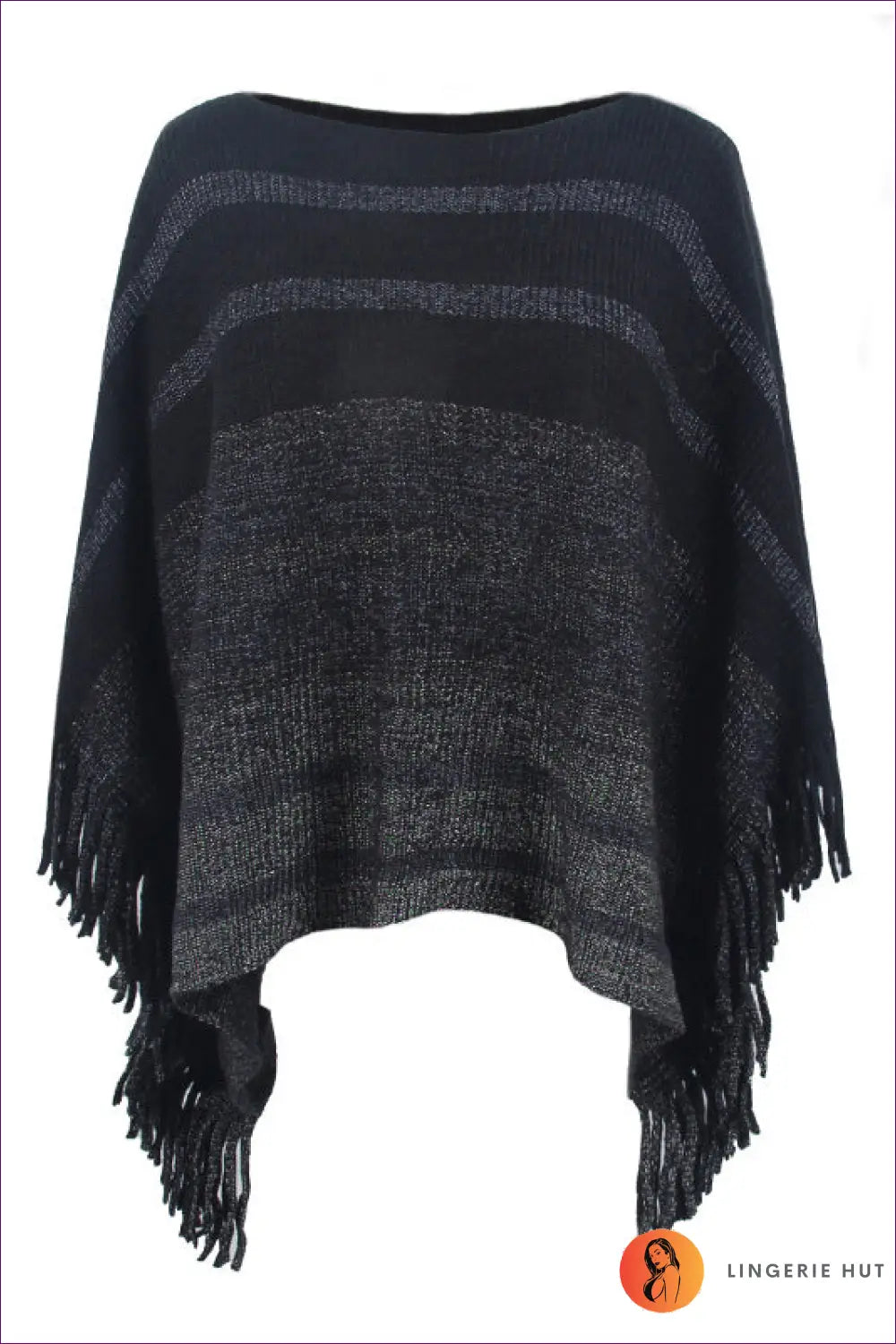 Fringed Knit Cover Up Poncho - Effortless Boho Mood - one Size / Black - Bodysuit - Lingerie Hut - All Season • Autumn