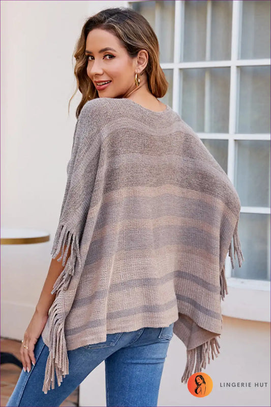 Poncho with Striped Fringe - Festival Season Essential for All Season, Autumn, Boho, Casual, Cover Up