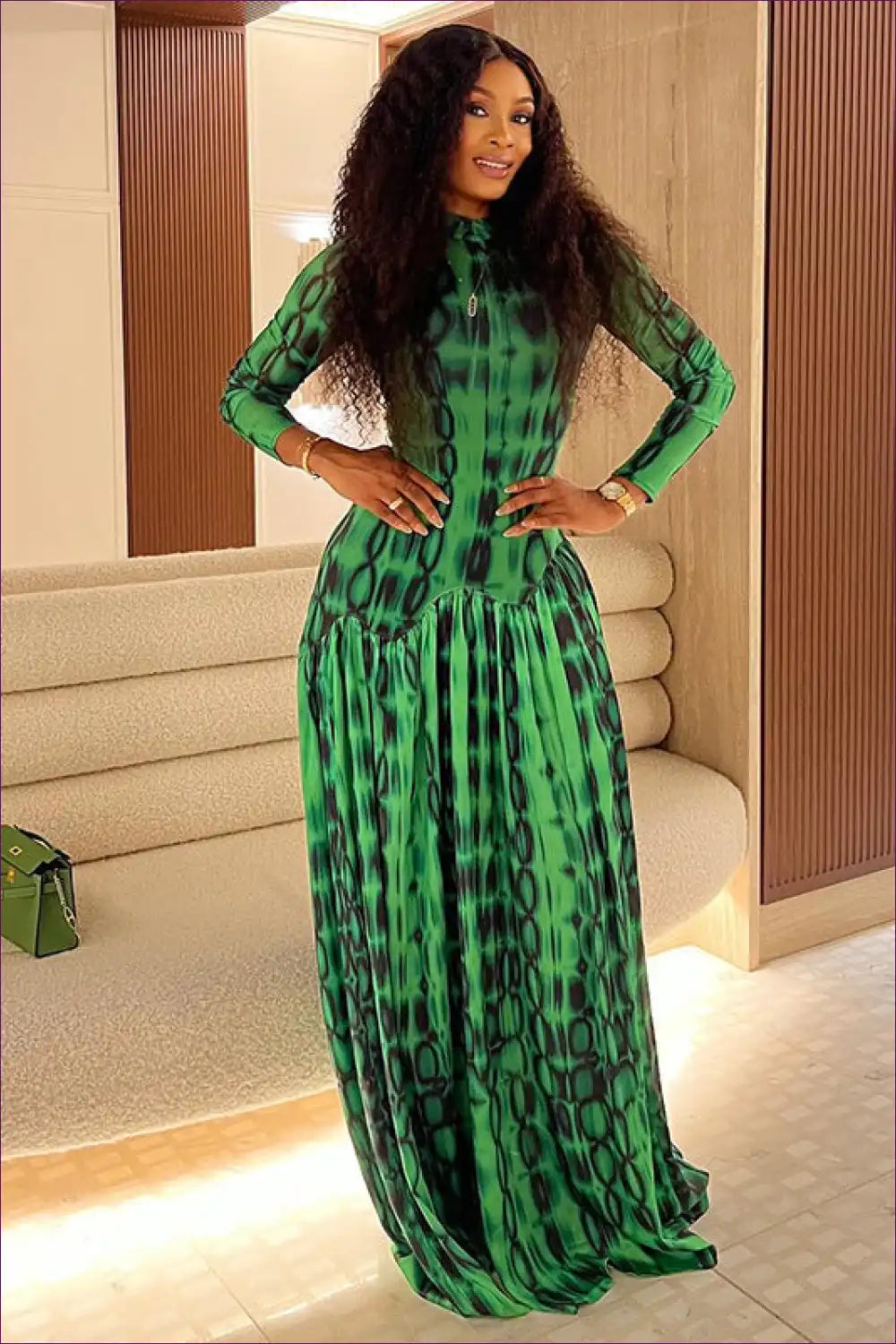 Printed Maxi Dress with Tiered Ruffle Hem - Statement for A-line, Autumn, Bridal, Dress, Everyday