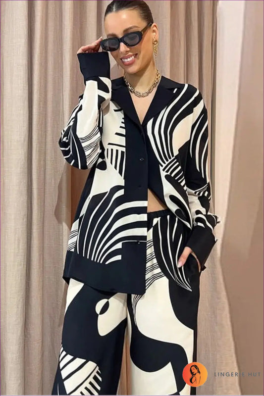 Printed Pyjama Set with Long Sleeves - Luxe Nights in - Sleepwear & Loungewear - Lingerie Hut - Autumn • Casual