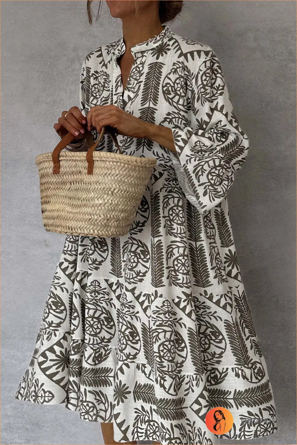 Printed Shirt Dress with 3/4 Sleeves - Effortless Daytime Chic - s / Khaki - Autumn • Boho • Casual • Clothing