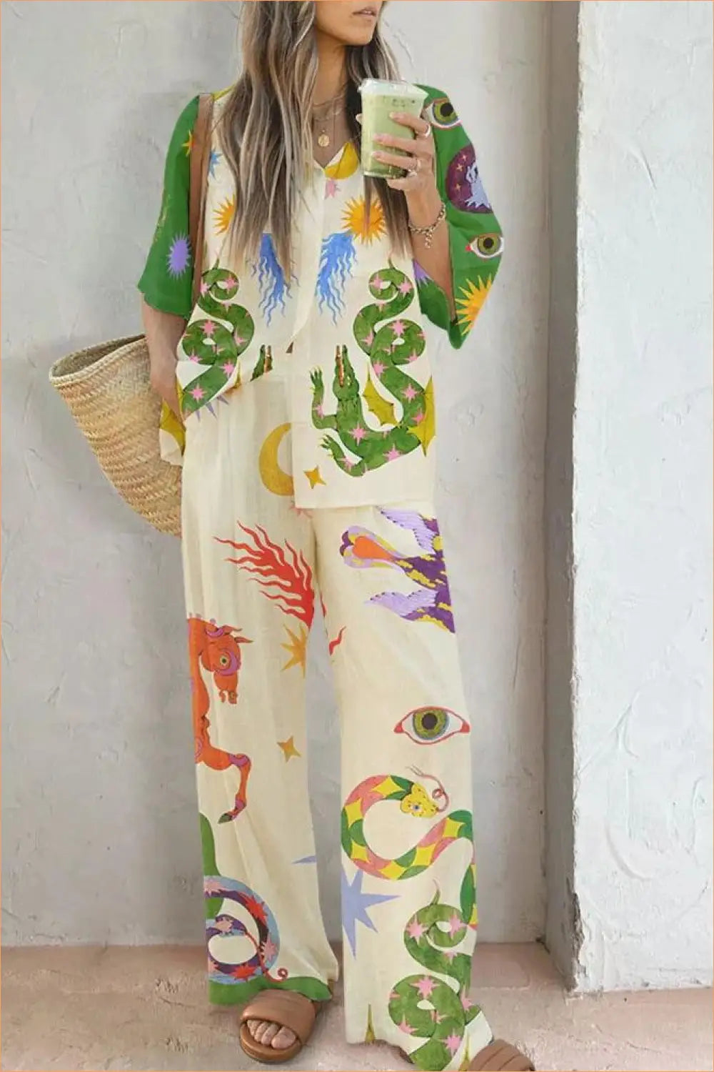 Printed Shirt and Wide-leg co Ord Set - Effortless Summer Style - Boho • Casual • Clothing • Everyday - Lingerie Hut