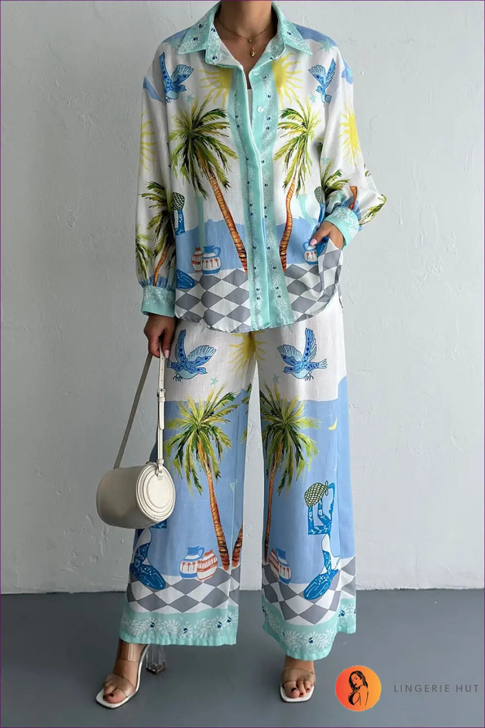 Printed Shirt & Wide Leg Trouser co Ord - Effortless Holiday Style - s / Blue - Lingerie Hut - Boho • Casual • Everyday