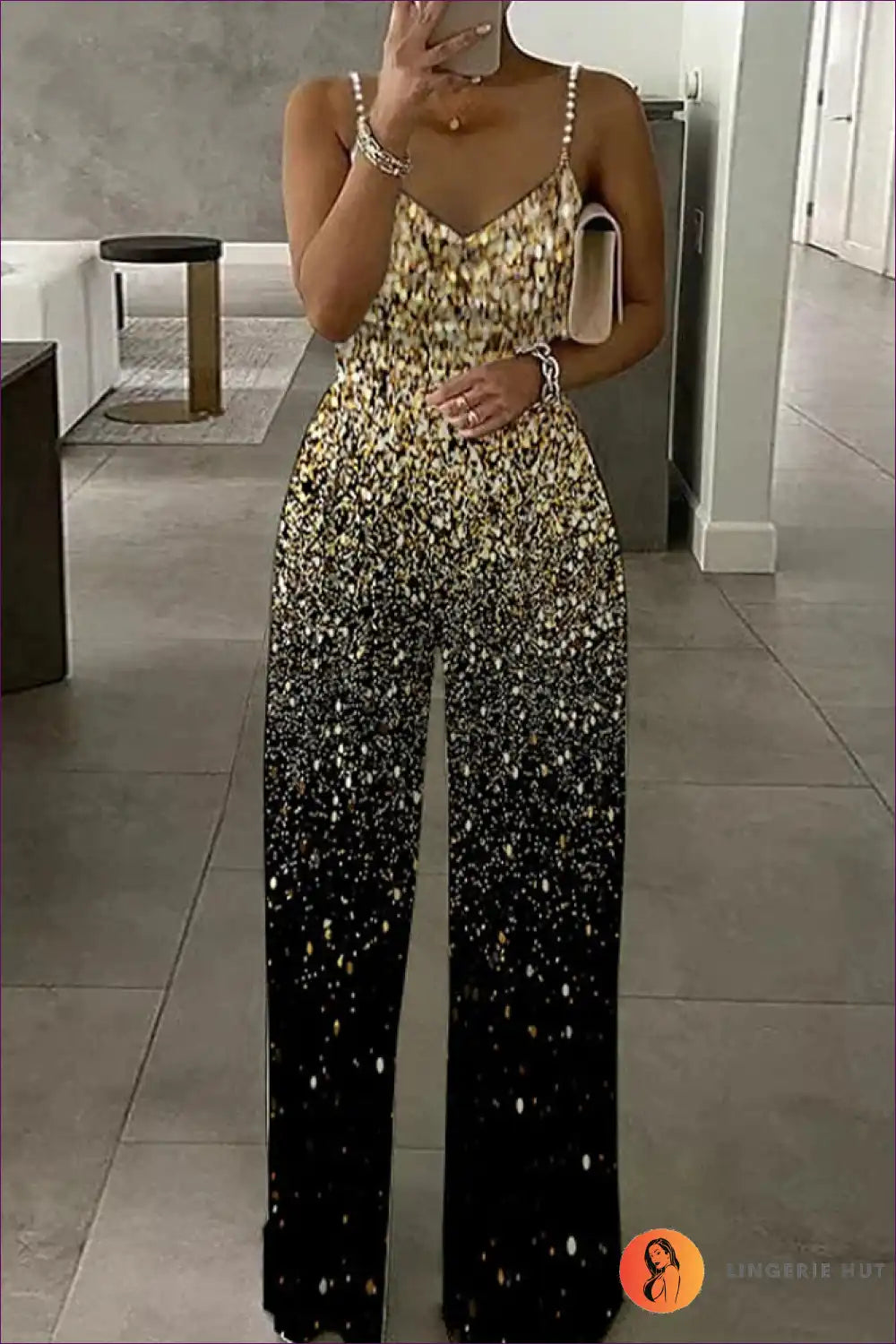 Elevate Your Elegance With Lingerie Hut’s Printed Sleeveless Backless Spaghetti Straps Jumpsuit. Ombre Pattern