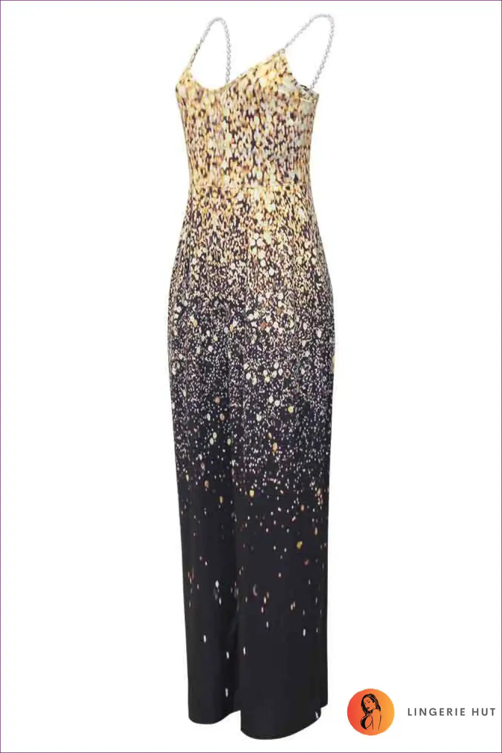 Elevate Your Elegance With Lingerie Hut’s Printed Sleeveless Backless Spaghetti Straps Jumpsuit. Ombre Pattern
