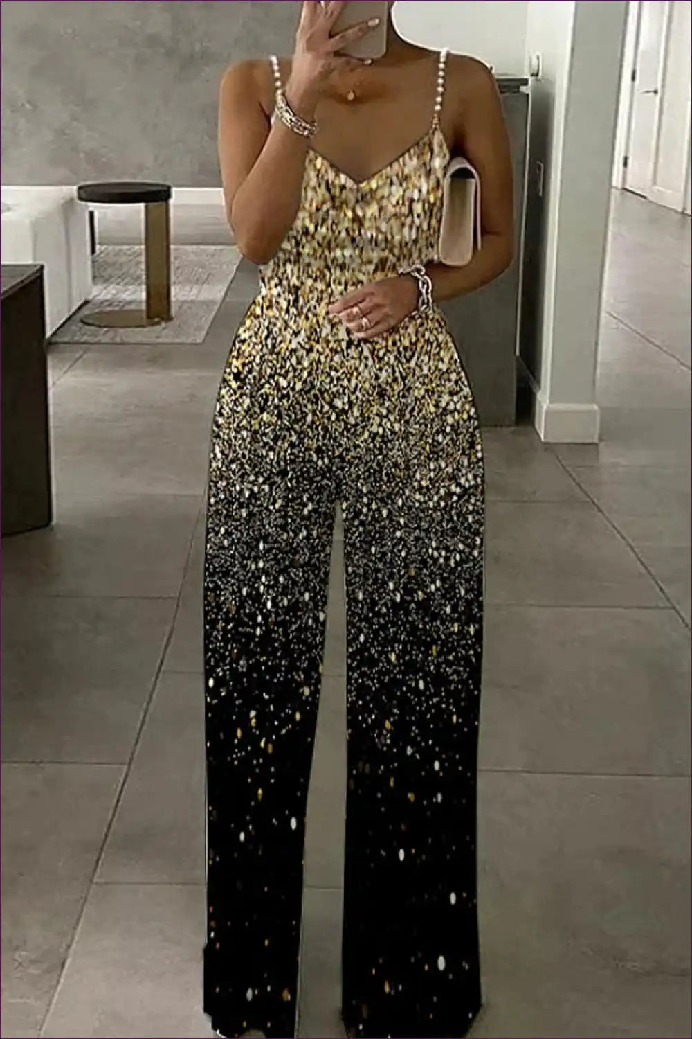 Elevate Your Elegance With Lingerie Hut’s Printed Sleeveless Backless Spaghetti Straps Jumpsuit. Ombre Pattern