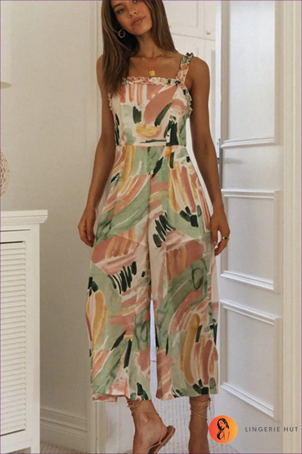 Printed Wide-leg Jumpsuit with Ruffle Straps - Artistic Summer Ease - Lingerie Hut - Beachwear • Boho • Casual • Cutout