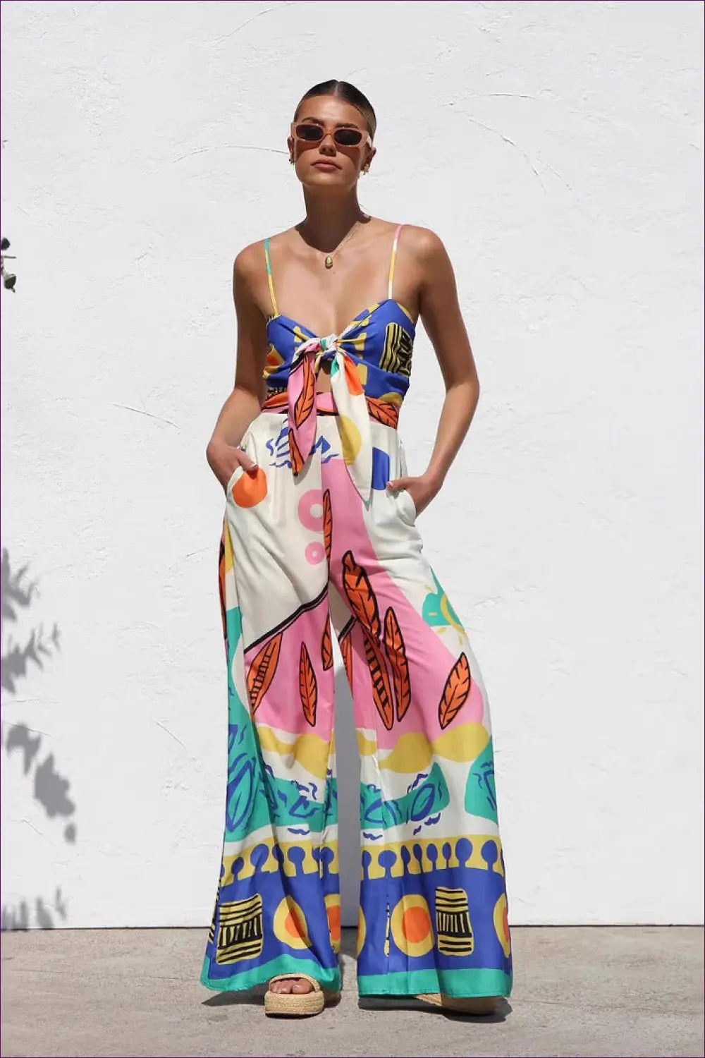 Printed Wide Leg Jumpsuit with Tie Front - Summer Statement Look - Lingerie Hut - Beachwear • Boho • Casual • Cutout