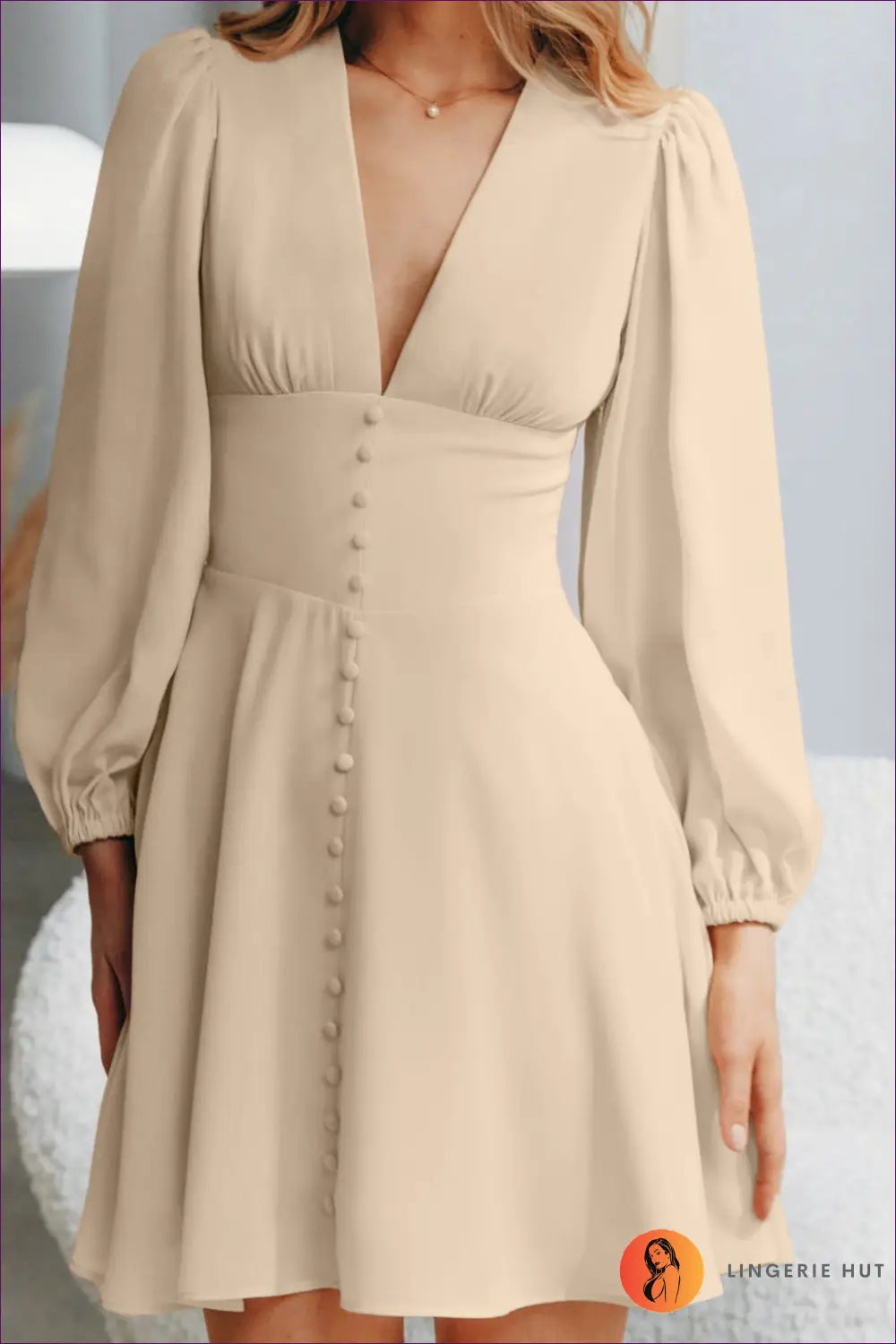 Puff Sleeve Button-down Mini Dress - Effortless Elegance - Dresses - Lingerie Hut - A-line • Casual • Evening Wear