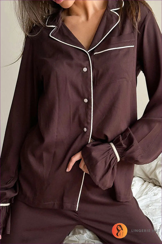 Contrast Piping Pyjama Set - Effortless At-home Elegance - Lingerie Hut - All Season • Casual • Cotton • Header-fixed