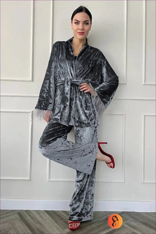 Pyjama Set with Crushed Texture - Luxe Comfort for All Season, Boudoir, Casual, Evening Wear, Glamour