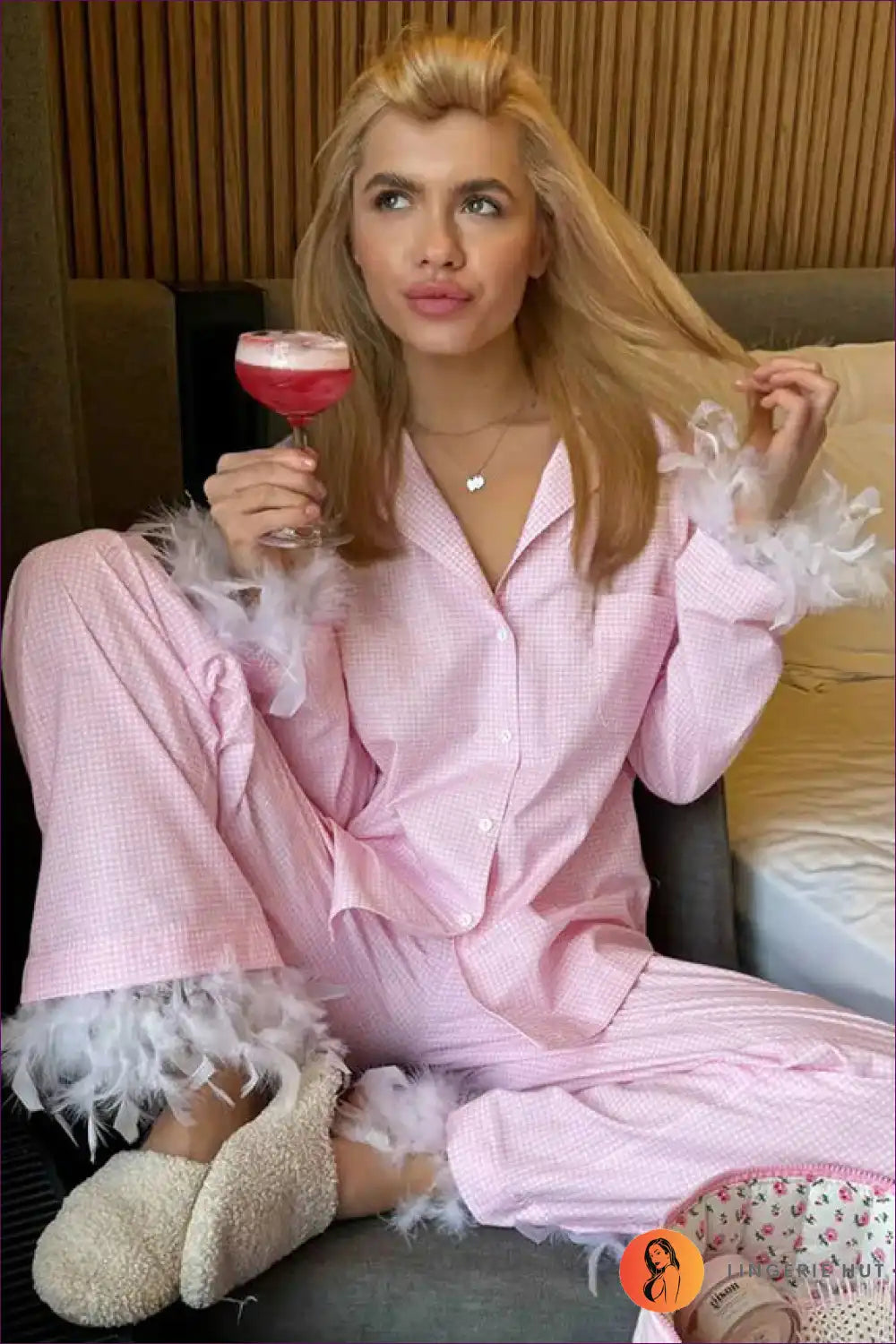 Pyjama Set with Feather Trim - Whimsical Comfort for All Season, Casual, Cotton, Everyday, Glamour