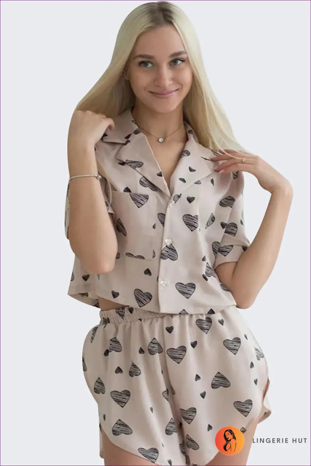 Pyjama Set with Heart Motifs - Playful Romance - s / Khaki - Cotton • Everyday • Loungewear • Modest • Night