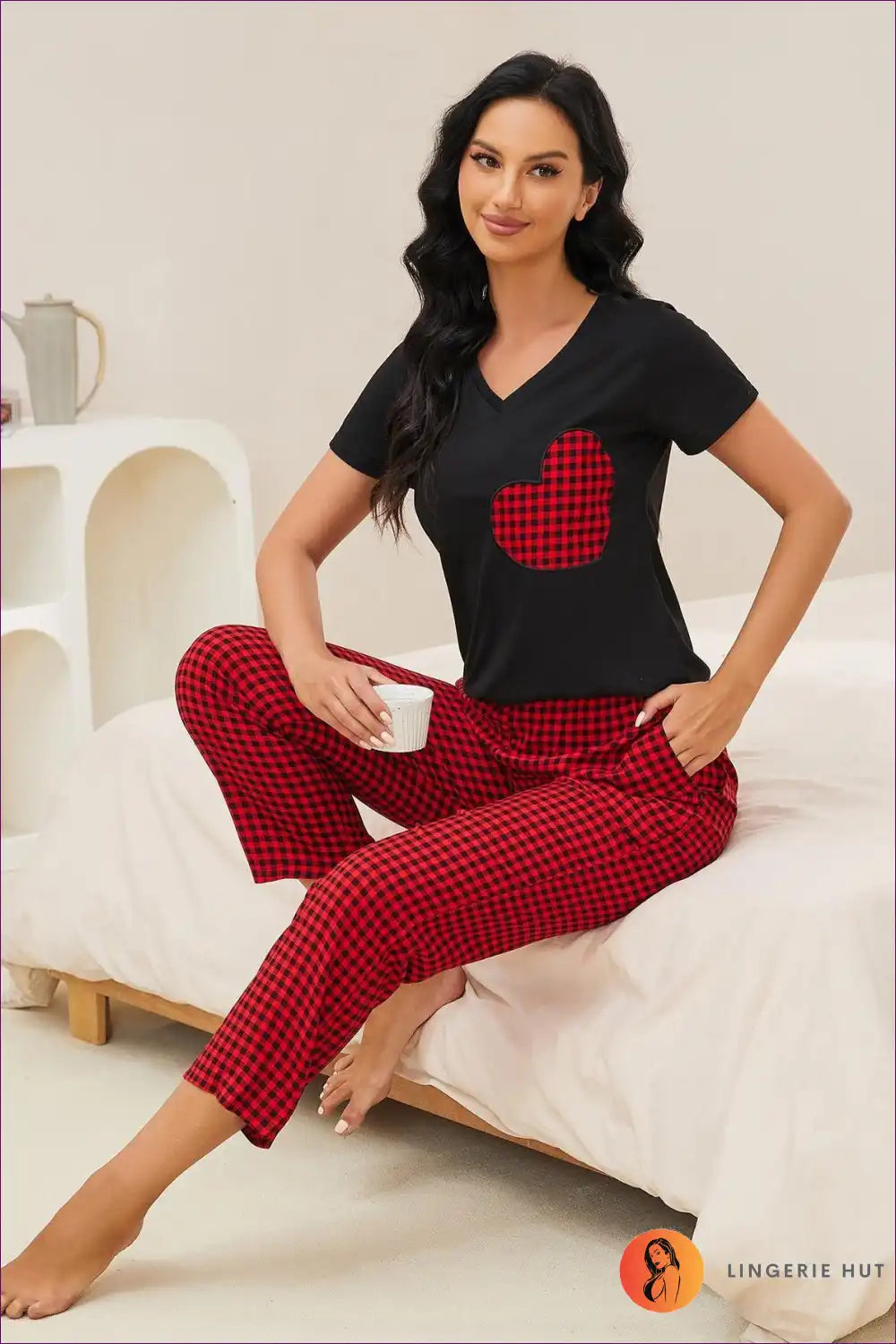 Pyjama Set with Heart Print - Playful Evening Ritual for All Season, Casual, Cotton, Everyday, Jersey