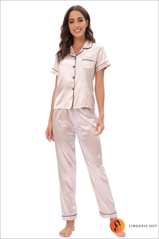 Satin Pyjama Set with Contrast Piping - Luxe Nights in - Lingerie Hut - All Season • Casual • Everyday • Header-fixed