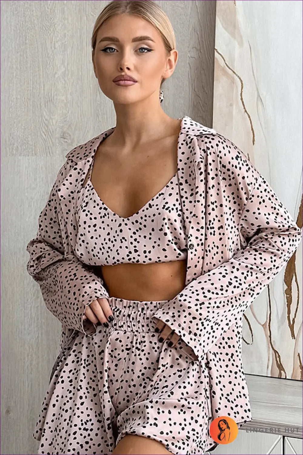Polka Dot Pyjama Set with Robe - Effortless Home Glamour - s / Khaki - Lingerie Hut - Casual • Header-fixed • Night