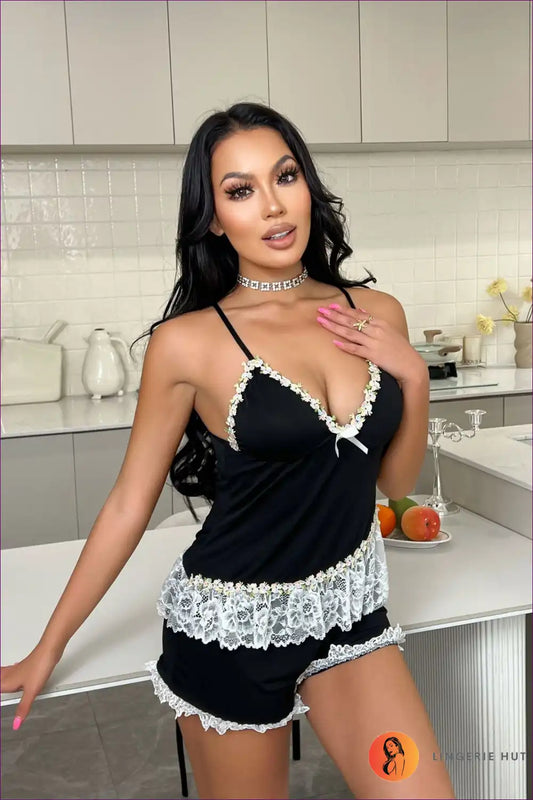 Pyjama Shorts Set with Lace Trim - Cosy Morning Ritual for All Season, Casual, Everyday, Floral,