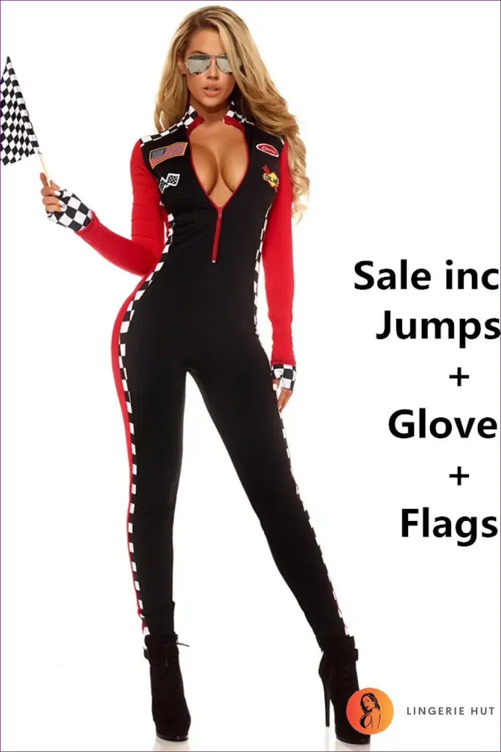 Race Car Driver Costume with Checkered Trim - Bold Velocity for Clubwear, Costume, Evening Wear, Glamour,