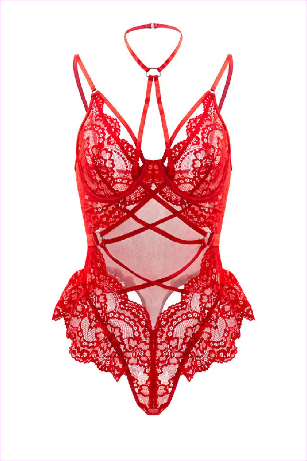 Red Lace Strappy Cutout Teddy Bodysuit - Seduction Lingerie for Bodysuit, Boudoir, Cutout, Halter,