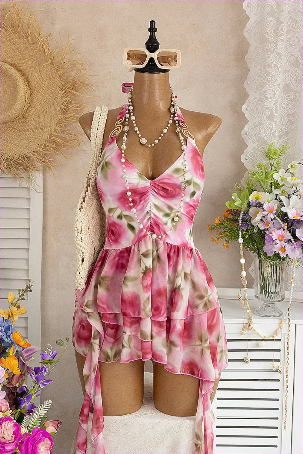 Red Ruched Floral Beach Dress with Tiered Ruffle Hem - Sunset Getaway - Casual • Dresses • Everyday