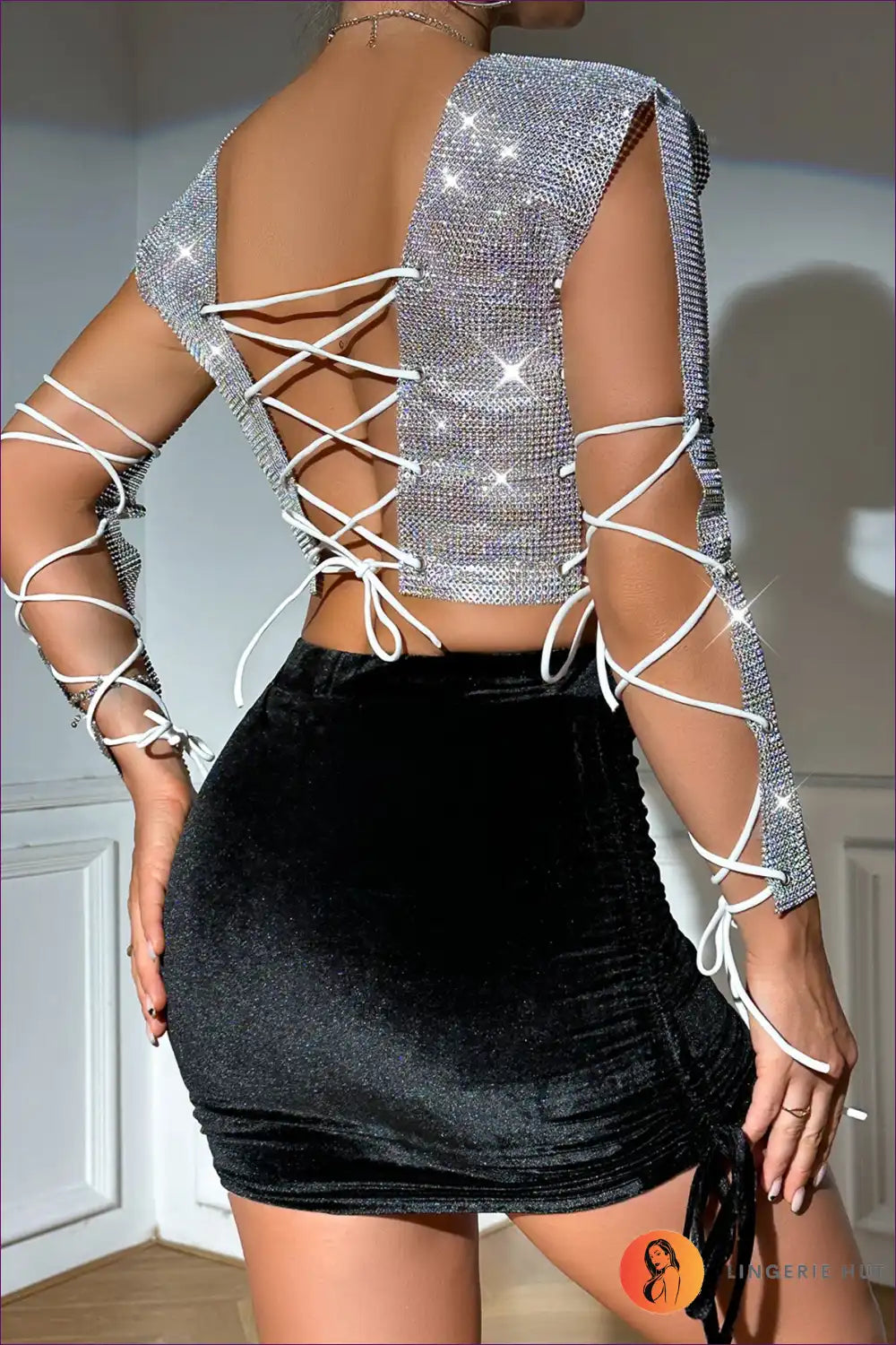 Step Into The Spotlight With Lingerie Hut’s Rhinestone Backless Crop Top. Its Captivating Sparkle And Bold