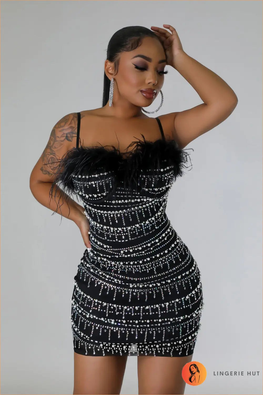 Rhinestone Feather Bodycon Mini Dress - Summer Evenings Sorted - Dresses - Date Night • Glamour • Lingerie Hut