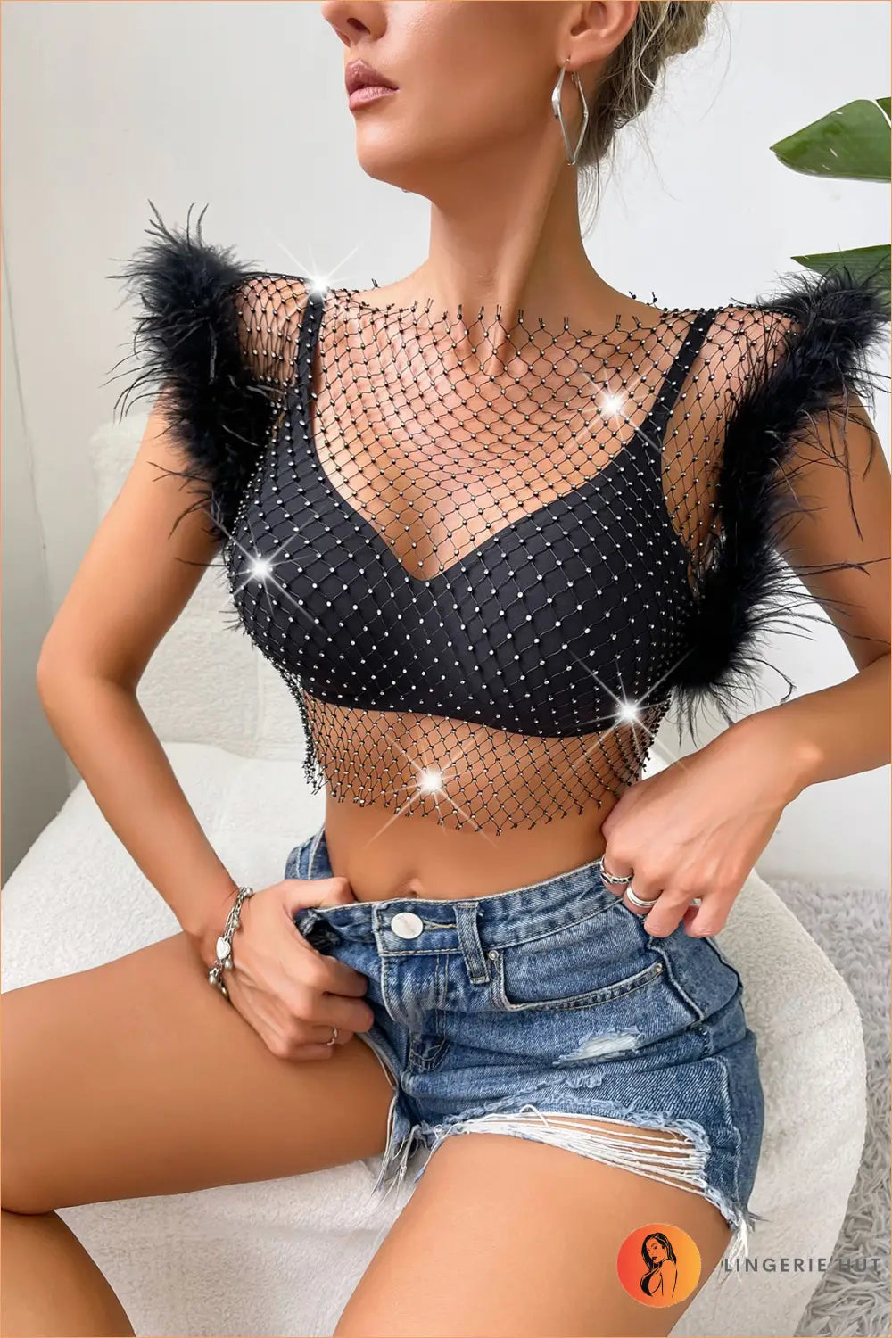 Rhinestone Fishnet Feather Top - Night out Confidence - Clothing • Glamour • Night out • Party • Polyester - Lingerie