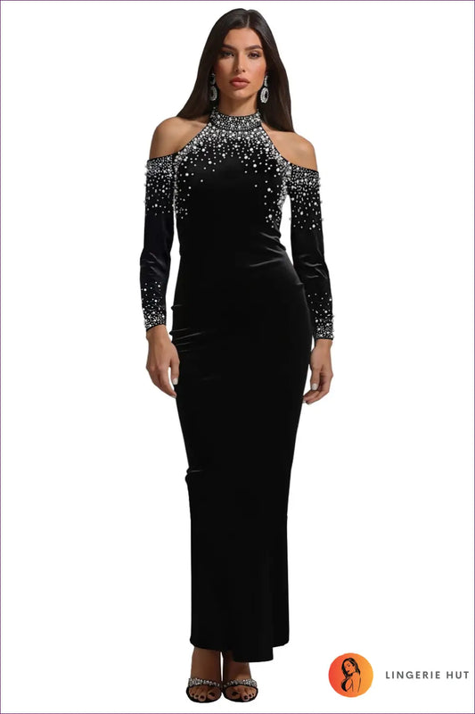 Rhinestone Maxi Dress with Cold Shoulder - Evening Elegance - s / Black - Dresses - Lingerie Hut - Bodycon • Cutout