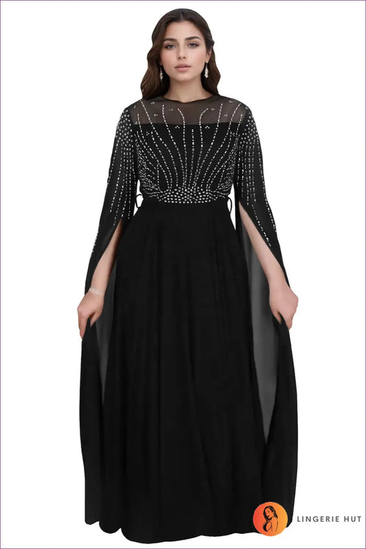 Rhinestone Maxi Dress with Sheer Cape Sleeves - Elegant Formal - m / C7392-black - Dresses - Lingerie Hut - All Season