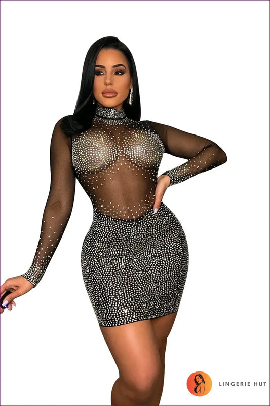Rhinestone Mesh Bodycon Mini Dress - Made for the Spotlight - s / Black - Dresses - Lingerie Hut - Autumn • Clubwear