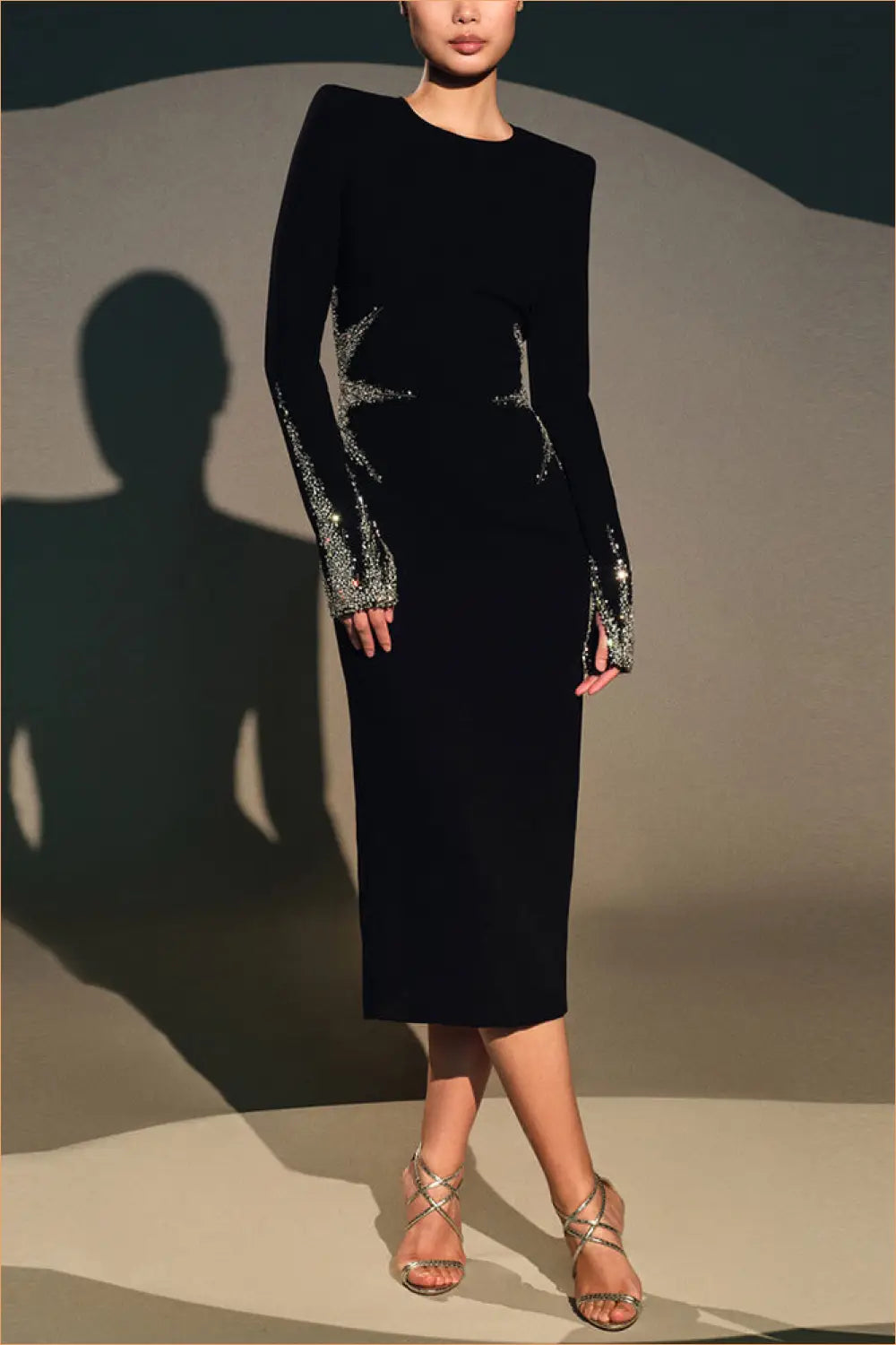 Rhinestone Midi Dress - Padded Shoulders - Bodycon • Elegant • Everyday • just in - Olady