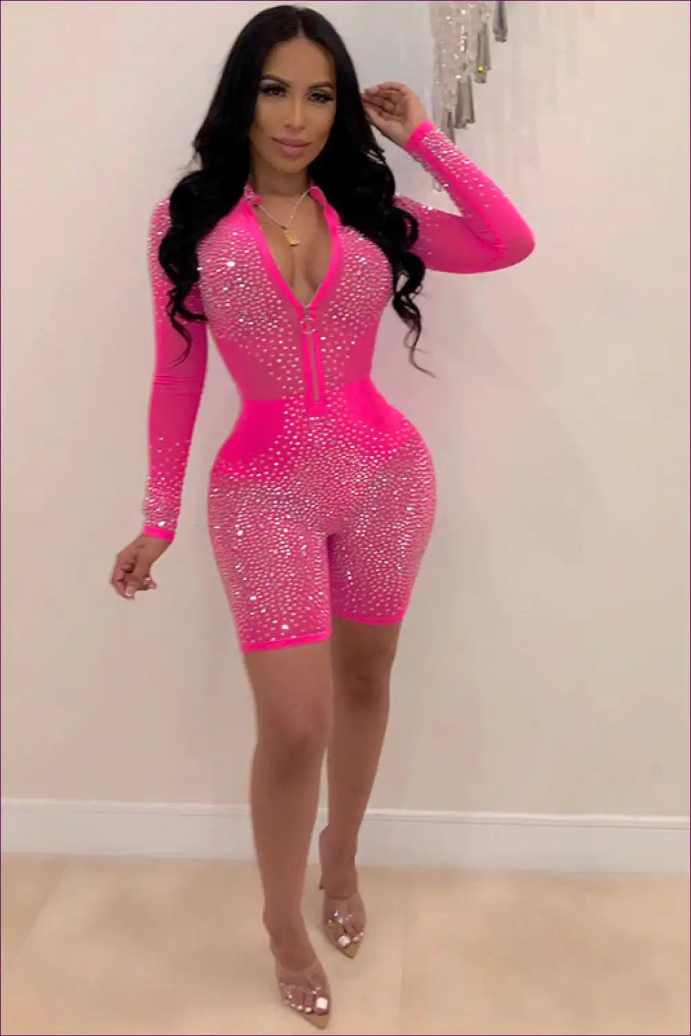 Sultry Starlet, Shine In Sheer Mesh And Rhinestone Glitz! Flaunt The Slim Fit V-neck Allure. Limited Editions