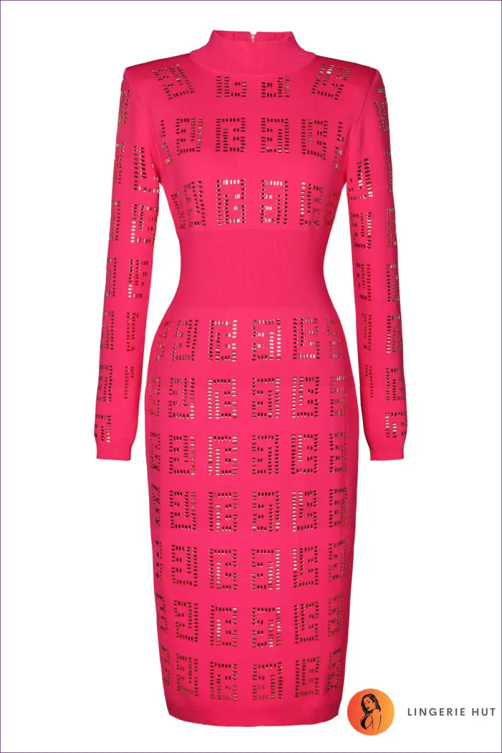 Rhinestone Studded Knit Midi Dress with Stand Collar - Glam Evening Edit - s / Coral Red - Dresses - Lingerie Hut - All