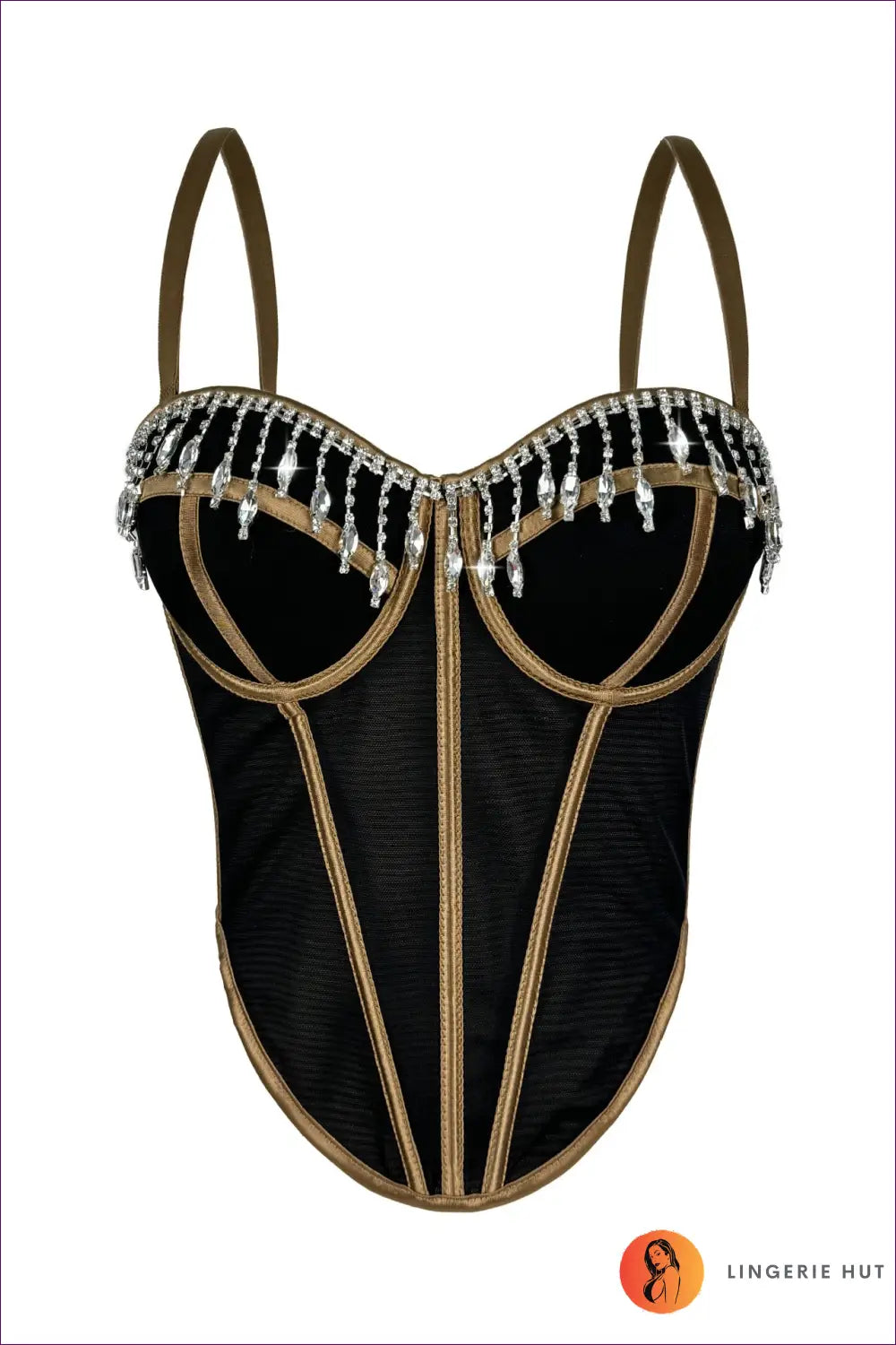 Rhinestone Tassel Boned Corset Top with Sweetheart Neckline - Party Luxe - M-34/75b / Black Background Coffee Strip