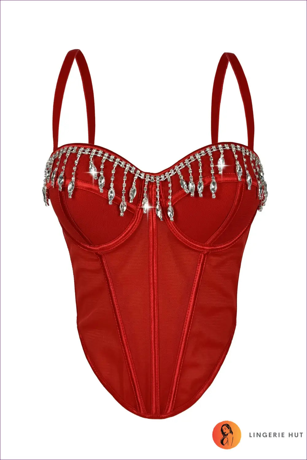 Rhinestone Tassel Boned Corset Top with Sweetheart Neckline - Party Luxe - M-34/75b / Red - Lingerie Hut - All Season