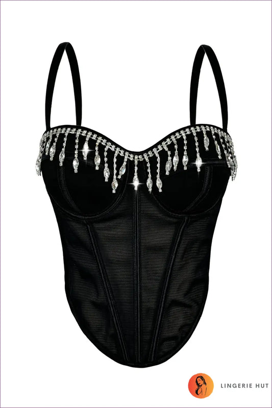 Rhinestone Tassel Boned Corset Top with Sweetheart Neckline - Party Luxe - M-34/75b / Black - Lingerie Hut - All Season