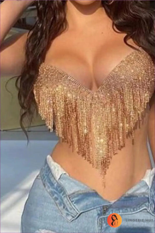 Rhinestone Tassel Halter Crop Top - Effortless Glam Nights - one Size / Gold - Shirts & Tops - Lingerie Hut - Clubwear