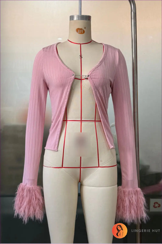 Ribbed Cardigan & Feather Trim Skirt co Ord - Instant City Glam - s / Pink - Lingerie Hut - All Season • Casual • Date