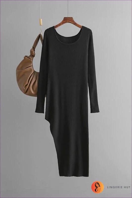 Ribbed Knit Bodycon Dress with Crew Neck - Modern Everyday Midi - one Size / Black - Dresses - Lingerie Hut - All