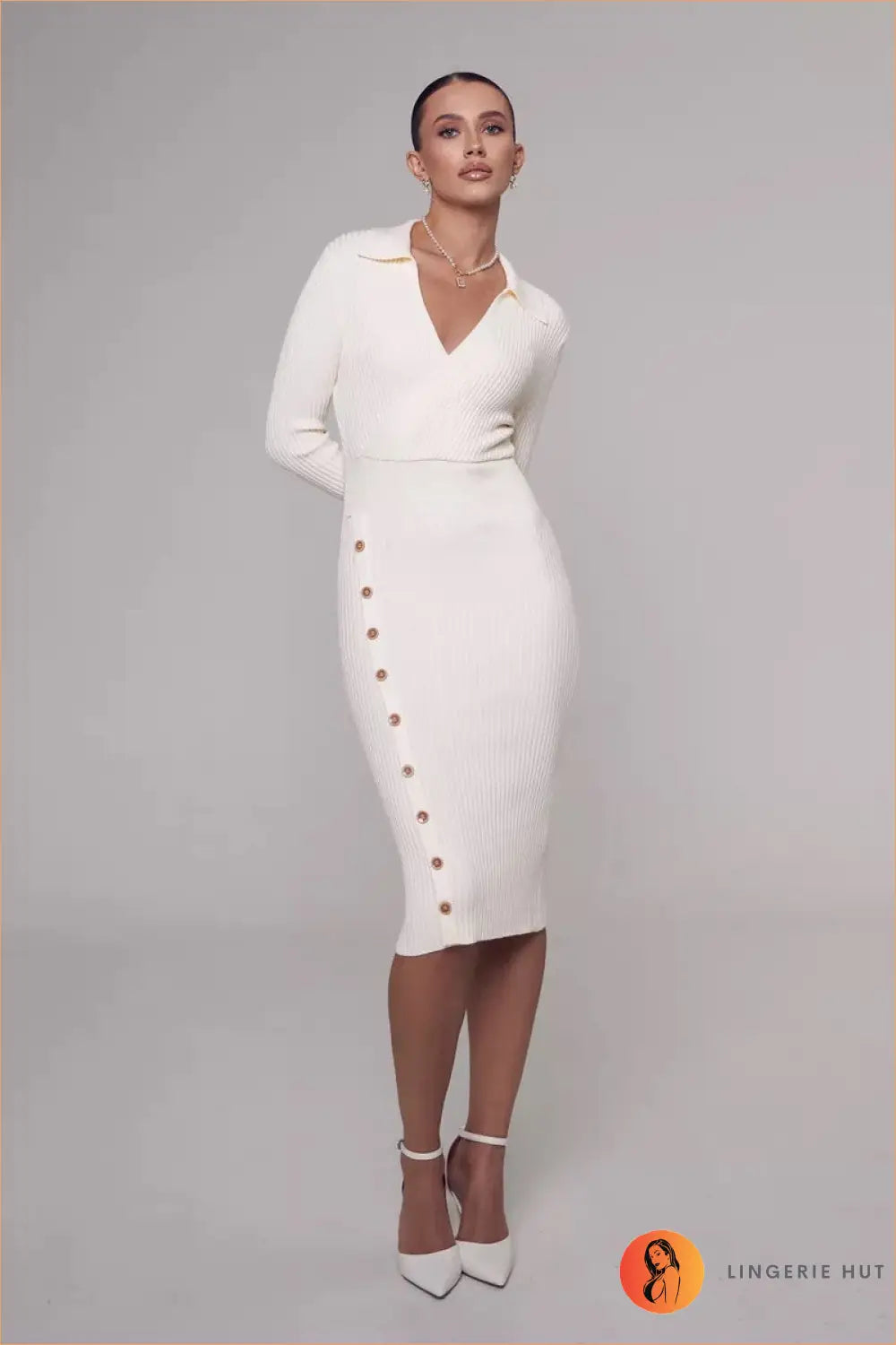 Ribbed Knit Bodycon Midi Dress - Understated Glamour - s / White - Dresses - All Season • Button Front • Casual