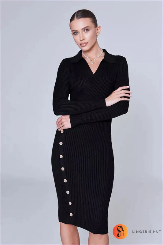 Ribbed Knit Bodycon Midi Dress - Understated Glamour - Dresses - All Season • Button Front • Casual • Lingerie Hut