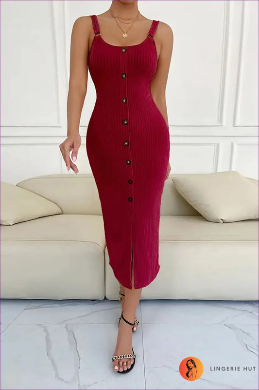 Ribbed Knit Midi Bodycon Dress with Button Front - s / Burgundy - Dresses - Button Front • Casual • Clothing • Date