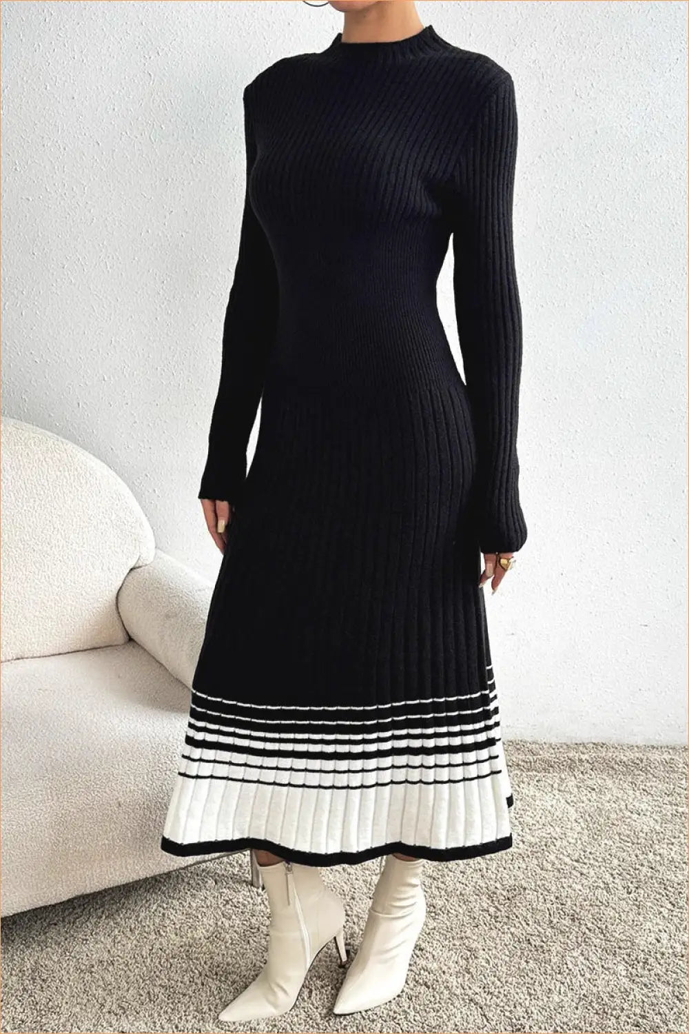 Ribbed Knit Midi Dress with Contrast Hem - Modern Classic Style - Dresses - Autumn • Bodycon • Casual • Lingerie Hut