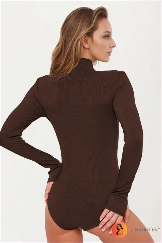 Ribbed Zip-front Bodysuit with Long Sleeves - Sleek Everyday for Bodycon, Bodysuit, Casual, Everyday, Jersey