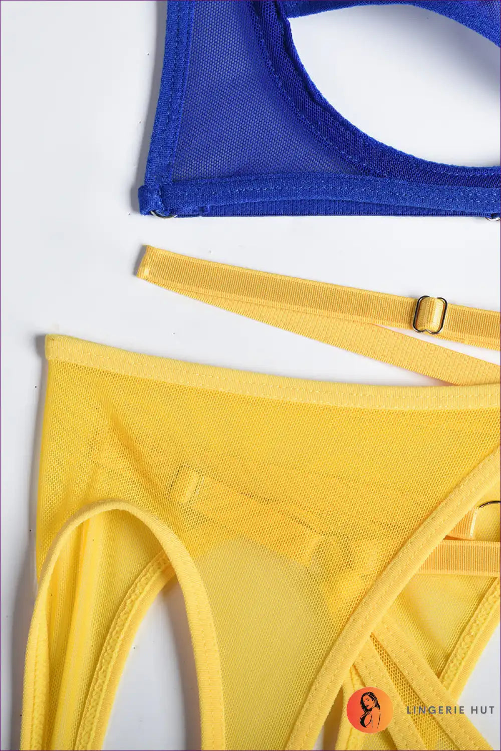 Unleash Your Sensuality With Our Ring Detail Mesh Harness Bra Set With Garter Belt. Delicate Mesh, Gold-tone