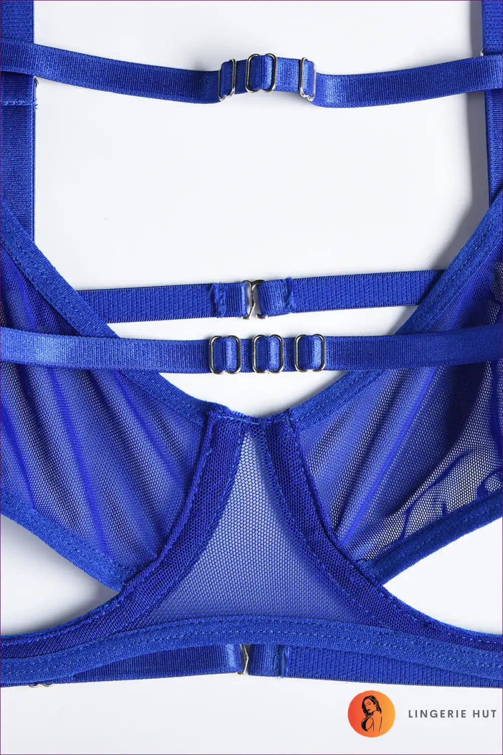 Unleash Your Sensuality With Our Ring Detail Mesh Harness Bra Set With Garter Belt. Delicate Mesh, Gold-tone