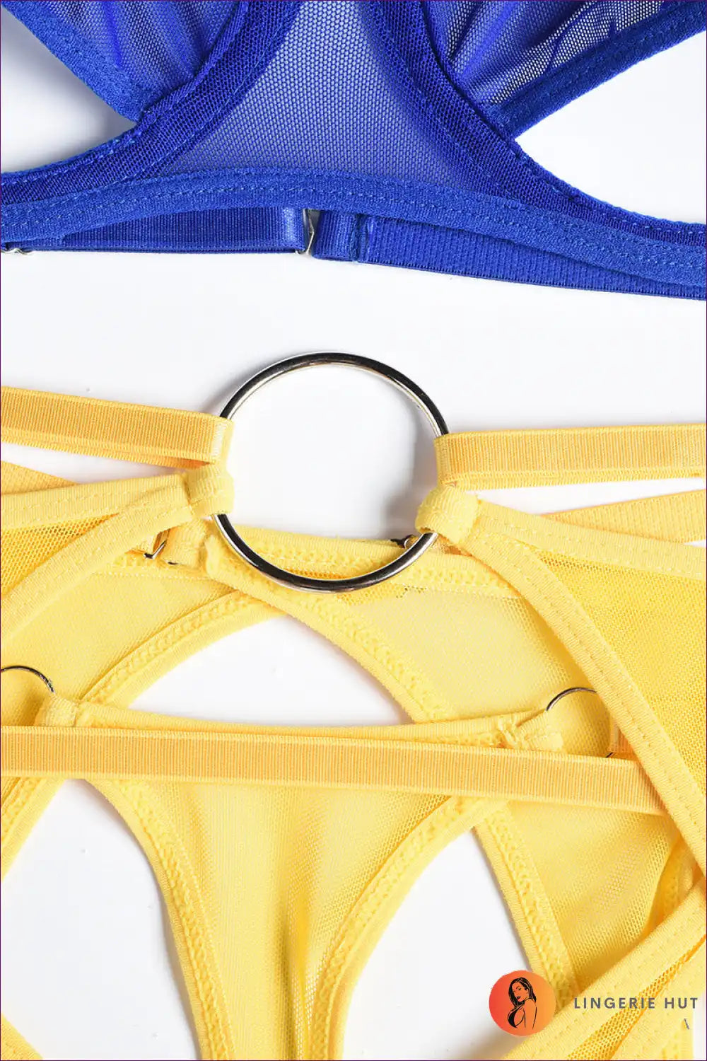 Unleash Your Sensuality With Our Ring Detail Mesh Harness Bra Set With Garter Belt. Delicate Mesh, Gold-tone