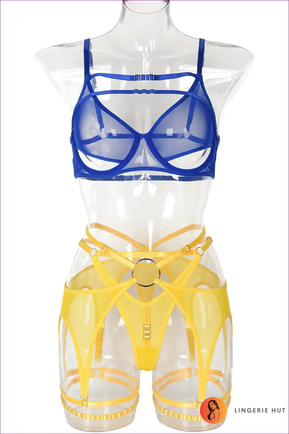 Unleash Your Sensuality With Our Ring Detail Mesh Harness Bra Set With Garter Belt. Delicate Mesh, Gold-tone